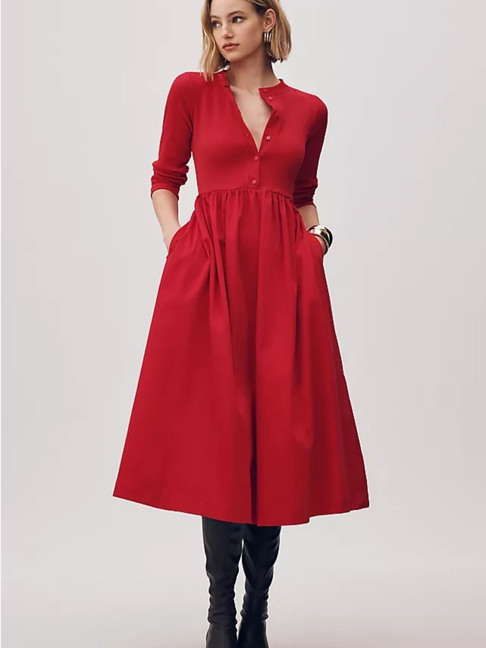 Maeve 3x Red Midi Button-Front Dress with Pockets BNWT